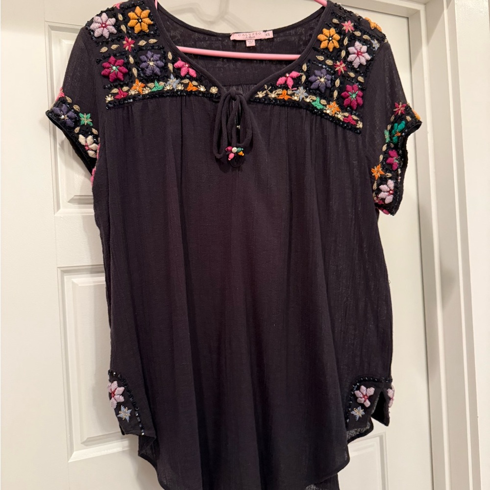 Calypso St. Barth Navy Gauze Tunic with Colorful Floral Embroidery